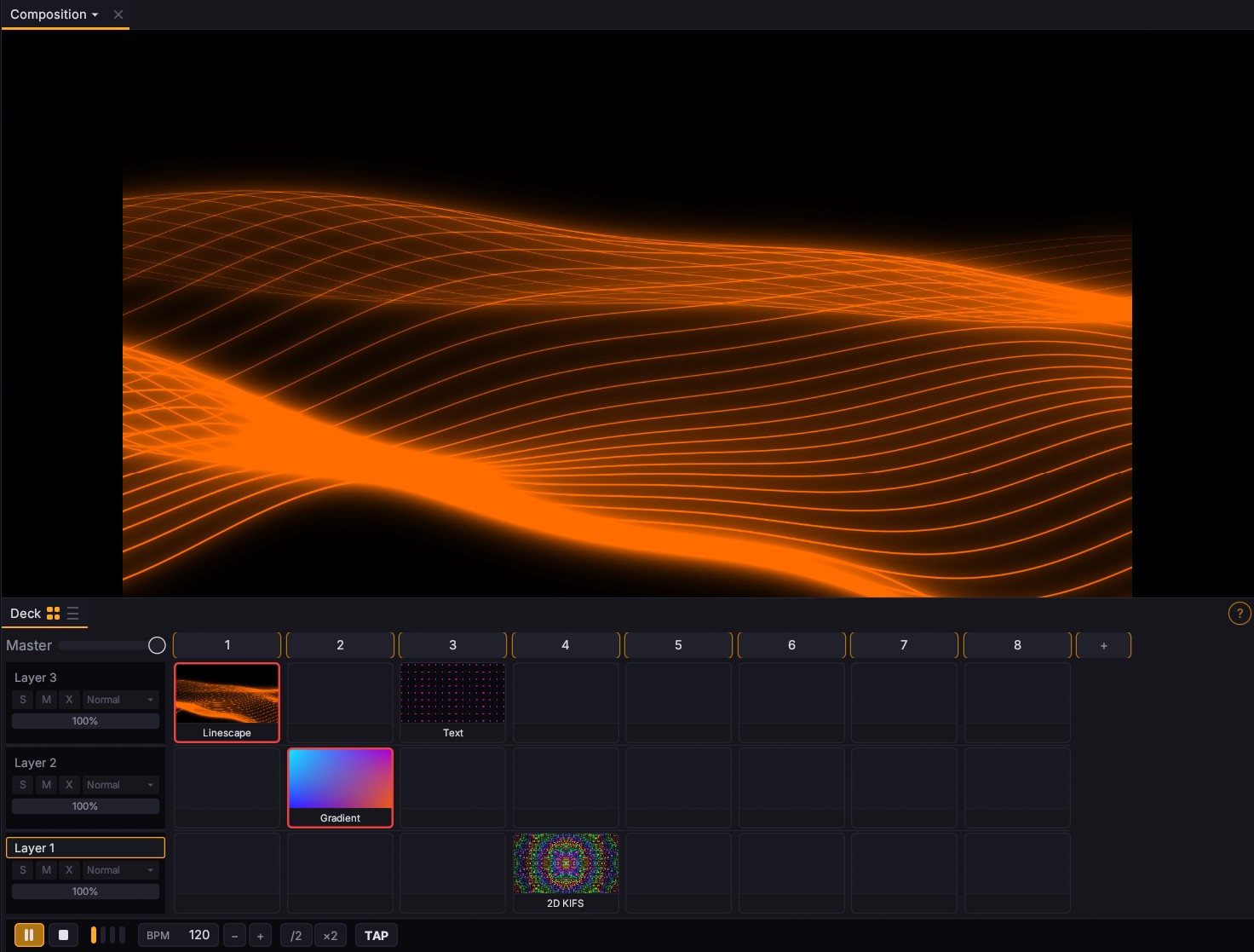 The Fluence Layer Deck view, showing rows of layers with clip slots arranged as a grid for live triggering.