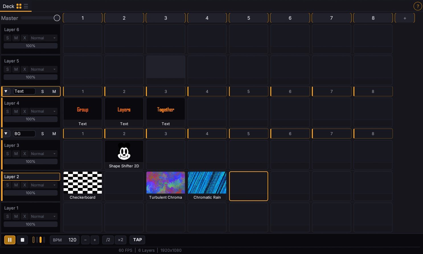 The Fluence layer deck showing layers grouped together, with the group exposing its own opacity, blend mode, and effect chain controls.