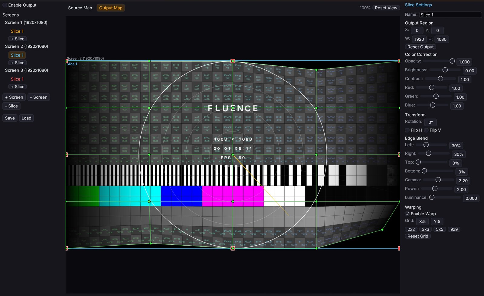 The Fluence Output panel showing screens, slices, and warping controls for multi-display and projection mapping.