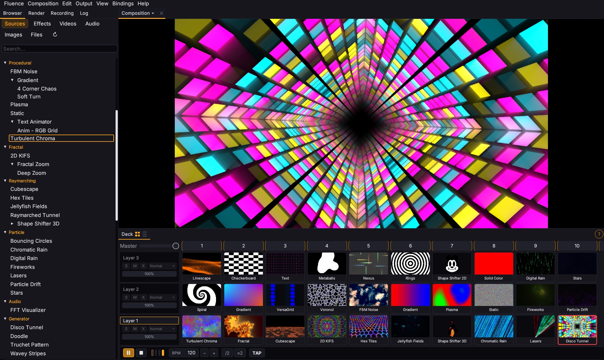 The Fluence source browser showing categorized generator shaders alongside the live viewport rendering one of them.